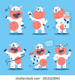 Cute cows vector cartoon characters set isolated on background.
