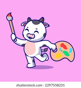 Cute cowt artist Cartoon Vector Icon Illustration. Animal Icon Concept Isolated Premium Vector. Flat Cartoon Style