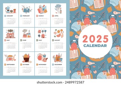 Lindo y acogedor calendario 2025 Plantilla con dibujado a mano cuatro estaciones de Elementos. La semana comienza el domingo. Listo para imprimir. Lindas Ilustraciones vectoriales en estilo plano dibujado a mano.