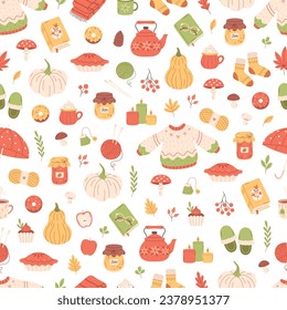 Cute and cozy autumn elements seamless pattern. Autumn plants, food, harvest festival and thanksgiving day attributes. Vector illustration in flat style