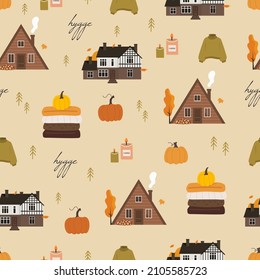 Trato y ambiente acogedor de otoño. Patrón sin foco. Vector
