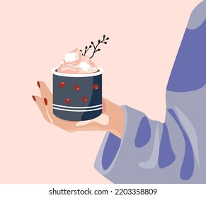 cute and cozy autumn illustrations. flat vector designs for card, poster, web. A woman's hand holds a mug of hot coffee. The autumn concept is suitable for a coffee shop. 