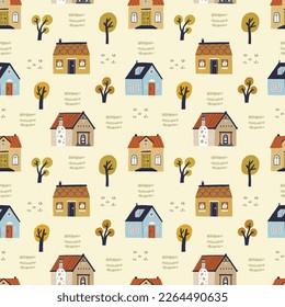 Cute and cozy autumn seamless pattern with houses and trees. Repeating vector hand drawn design for textile or backdrop.
