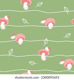 Cute and cozy autumn seamless pattern with mushrooms and snail. Forest fungus - repeating vector hand drawn design for textile or backdrop.  Wild otanical set. Hand drawn scandinavian style illustrati