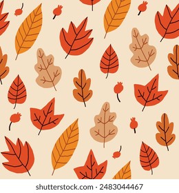 Cute and cozy autumn seamless pattern. Repeating vector hand drawn design for textile or backdrop with leaves and berries. Fall season concept. 