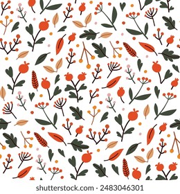 Lindo y acogedor patrón de otoño sin fisuras. Diseño repetitivo de Vector dibujado a mano para textil o fondo con hojas y bayas. Concepto de temporada de otoño. 