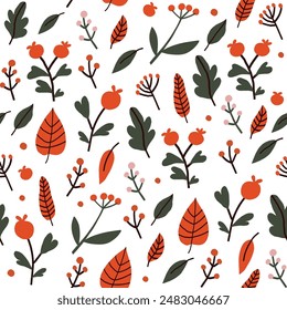 Cute and cozy autumn seamless pattern. Repeating vector hand drawn design for textile or backdrop with leaves and berries. Fall season concept. 