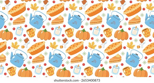 Cute cozy autumn seamless pattern featuring pumpkins, teapots, slices of cake, candles, and fall leaves. Perfect for seasonal designs, stationery, or home decor. Vector illustration