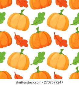 Lindo patrón de otoño sin fisuras con calabazas y hojas de otoño. Perfecto para diseños de temporada, papelería o decoración del hogar. Ilustración vectorial