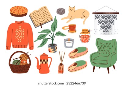 Cute cozy autumn. Season elements collection, tea, candle, plant, book, chair, cat, yarn, jam, slippers. Hygge house.