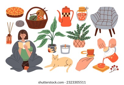 Cute cozy autumn. Season elements collection, tea, candle, plant, chair, cat, yarn, jam. Hygge house.