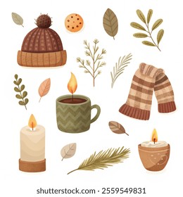 Cute cozy autumn. Season elements collection. Home candles. Plaid and plants in Scandinavian winter style. Hygge house. Warm knitted hat or scarf. Mulled wine. vector elements isolated   on white back