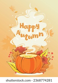 A cute and cozy autumn-themed illustration featuring a carved pumpkin with a steaming cup of soup inside. Perfect for fall-related designs, recipe blogs, or seasonal marketing materials.