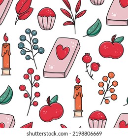 Cute cozy background with leisure items. Seamless pattern with book, candle, cupcake, berries and leaves. Autumn  print for textiles, design, packaging and wallpapers. Fall leisure repeat template