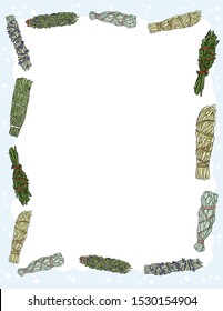 Cute cozy banner with sage smudge sticks elements. Boho indigenous herb bundles flyer. Cute cartoon style template for agenda, planners, check lists, and other stationery