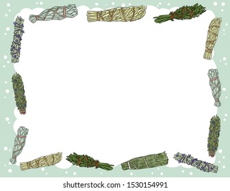 Cute cozy banner with sage smudge sticks elements. Boho indigenous herb bundles flyer. Cute cartoon style template for agenda, planners, check lists, and other stationery