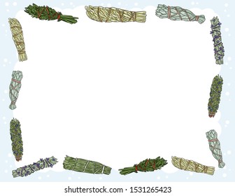 Cute cozy banner with sage smudge sticks elements. Boho indigenous herb bundles flyer. Cute cartoon style template for agenda, planners, check lists, and other stationery