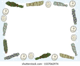 Cute cozy banner with sage smudge sticks and candles elements. Boho indigenous herb bundles flyer. Cute cartoon style template for agenda, planners, check lists, and other stationery