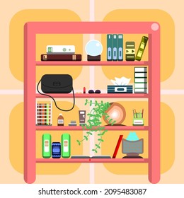 Cute cozy bookcase with trinkets and books, vector illustration