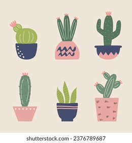 cute cozy bright multicolored cactus set vector illustration