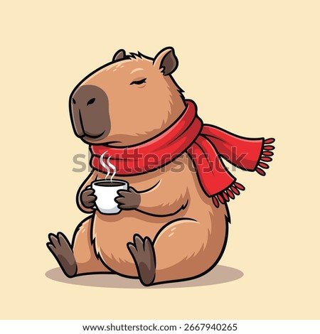 A cute and cozy capybara is sitting down, wrapped in a warm red winter scarf. A charming and heartwarming illustration for winter, holiday, and animal themes. Vector Illustration