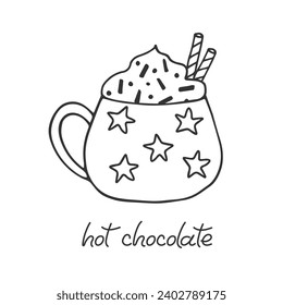 Cute cozy card with hot chocolate. Mug with delicious drink and cream in doodle style. Black Line drawn cup isolated on white. Design element