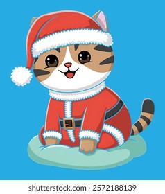 a cute cozy cat in santa claus outfit. Vector graphics. isolated on background.