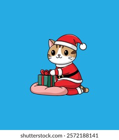 a cute cozy cat in santa claus outfit. Vector graphics. isolated on background.