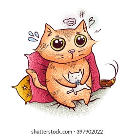 Cute cozy cat sitting on the pillows with toy and cockroach illustration.