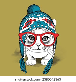 Cute cozy cat wearing spectacles and beanie winter theme illustration t-shirt vector graphic artwork