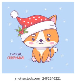 Cute cozy Christmas cat in Santa hat. Cartoon kawaii animal character. Festive New Year card. Vector illustration. Kids collection 