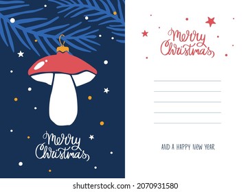 Cute and cozy Christmas greeting card or poster with glassy mushroom on a twig and "Merry Christmas" lettering. Including the back side template. Vector flat hand drawn illustration in cartoon style