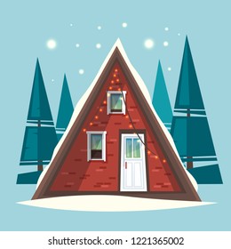 Cute cozy christmas house. Forest. Christmas tree. Vector cartoon illustration. 