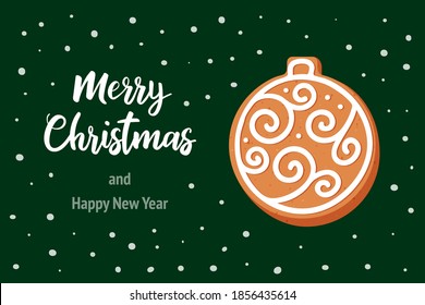 Cute cozy Christmas or new year card with a gingerbread. Lettering "Merry Christmas and happy new year".Vector stock illustration ready to print. For greeting cards, posters, banners