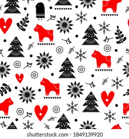Cute and cozy christmas pattern seamless. Christmas toy, fir-tree, snowflakes, sun, bird, cranberry, festive illustrations