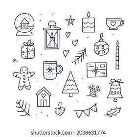 Cute Cozy Christmas set - mug, candles, tree, gift, gingerbread man, snow globe, small home, bell. Hand drawn outline vector illustration. Doodle sketch style.