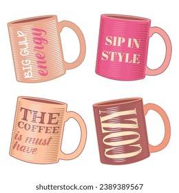 Cute cozy coffee mug with funny quote set. Pastel pink and beige color drink cup with inspiration typography for coffee lovers, isolated design elements for coffeeshop decoration