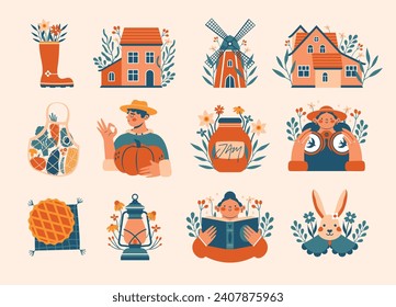 Cute cozy collection of illustrations with village aesthetics.Cartoon kawaii clip arts with farm workers, persons in hat, cottage, houses, windmill, baking,  rabbit, plants, flowers, jam. Cottagecore.