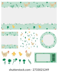 Linda y acogedora colección inspirada en la vida de la granja de primavera.
El conjunto incluye animales de granja dibujados a mano, pollos y polluelos en diferentes poses, Elementos de garabatos florales, plantas y hongos, así como un patrón de repetición sin fisuras.
Este versátil Paquete de granja de primavera contiene Anuncios Horizontales, cuadrados y redondos con áreas de texto vacías ligeras, pegatinas decorativas, Elementos de boletos y un fondo de patrón sin fisuras.
Perfecto para proyectos infantiles, eventos familiares, diseños temáticos de granja, marca ecológica y orgánica, materiales educativos, carteles de primavera, invitaciones, empaques, impresiones y decoraciones