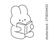 Cute Cozy Coloring Page of Bunny Enjoying Reading Book. Illustration of Cute Bunny Reading Book. Simple Printable Line Art. Cozy Cute Simple Printable Coloring Page for Children and Adults.