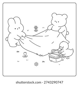 Cute Cozy Coloring Page of Bunny, Bear and Duck Preparing a Spring Picnic on Fresh Green Grass. Black and White Printable Line Art Illustration of Animal Friends Spreading a Picnic Mat in a Wholesome Outdoor Scene for Children and Adults. Printable Line Art Captures Friendship, Teamwork, and the Cozy Atmosphere of a Spring Day.