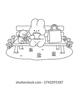 Cute Cozy Coloring Page of Bunny and Duck Sitting on a Park Bench Eating Bread. Wholesome Animal Friends Enjoying a Peaceful Outdoor Moment, Black and White Line Art Illustration. Adorable Bunny and Duck Sharing Bread on a Garden Bench, Cozy Printable Coloring Page for Kids and Adults. Friendship and the Cozy Atmosphere of a Spring Day Illustration.