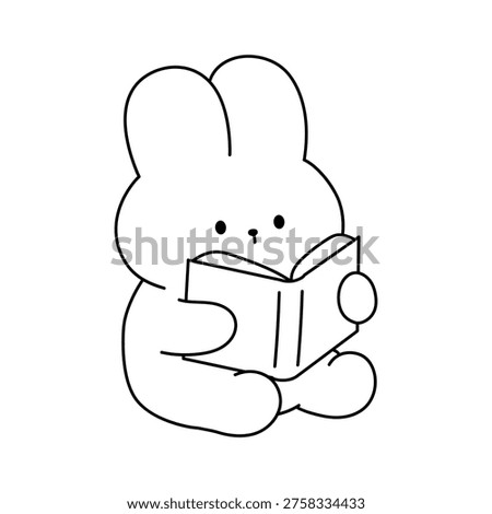 Cute Cozy Coloring Page of Bunny Enjoying Reading Book. Illustration of Cute Bunny Reading Book. Simple Printable Line Art. Cozy Cute Simple Printable Coloring Page for Children and Adults.