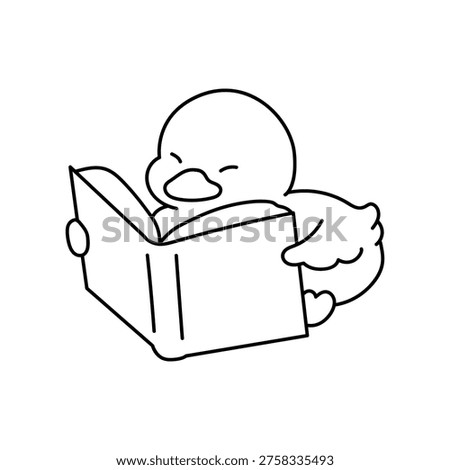 Cute Cozy Coloring Page of Duck Enjoying Reading Book. Illustration of Cute Duck Reading Book. Simple Printable Line Art. Cozy Cute Simple Printable Coloring Page for Children and Adults.
