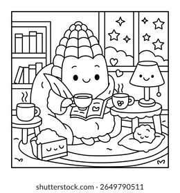 Cute Cozy Corn Character with Snacks and Books – Adorable Foodie Coloring Page