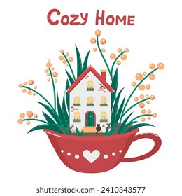 Cute cozy dreamlike house in cup. Isolated vector illustration. For children, for cards, for games, for design
