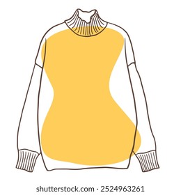 cute and cozy female sweater with turtleneck, with long sleeves and ribbed cuff. line drawing illustration for fashion poster, cozy clothing shops,  sweater store banners designs.