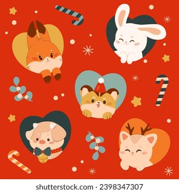 Cute, gemütliche, lustige Begleiter Charaktere mit Herzen und Weihnachtselementen im Kawaii-Stil. Kaninchen, Schwein, Fuchs, Kätzchen, Tigerwürfel. Vektorbild