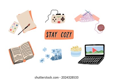Cute cozy hobbies collection, home pastime set, winter indoor entertainment. Watching movie online, reading book, knitting, painting, playing games, piece together a jigsaw puzzle. Vector illustration