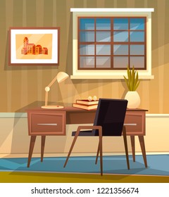 Cute cozy home office. Workplace. Vector cartoon illustration. Interior design.